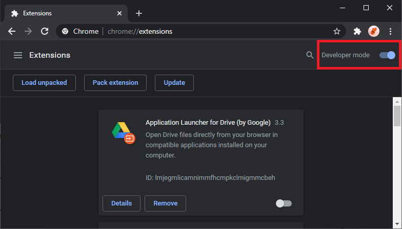 The “Developer mode” switch in the upper-right corner is turned on and highlighted in red.