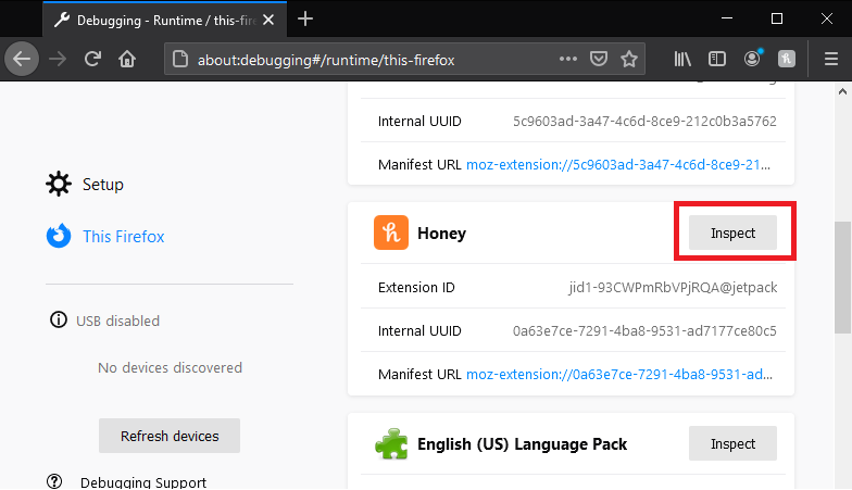 A list of installed Firefox extensions on the “about:debugging” page. “Inspect” next to Honey is framed in red.