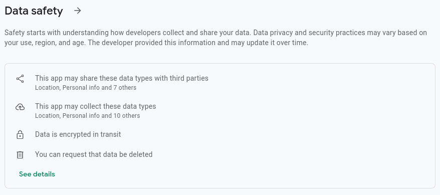 Screenshot of the “data safety” card on the Google Play Store page for the “Amazon Shopping” app. According to the card: “This app may share these data types with third parties: Location, Personal info and 7 others, This app may collect these data types: Location, Personal info and 10 others, Data is encrypted in transit, You can request that data be deleted”