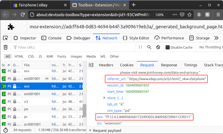 Screenshot from the Firefox browser. The network traffic of the Honey extension is being analysed via the DevTools. A request to the “evs” endpoint is selected and the relevant details are displayed. The data sent by the extension includes the parameters “referrer_url” with a value of “https://www.ebay.com/sch/i.html?_nkw=fairphone” and “exv” with a value of “ff.12.4.5.8409582601733493035.8409582599411239211” (both highlighted in red). “exv” is a unique ID for the user and the “referrer_url” allows Honey to conclude that the user just search for the term “fairphone” on eBay.