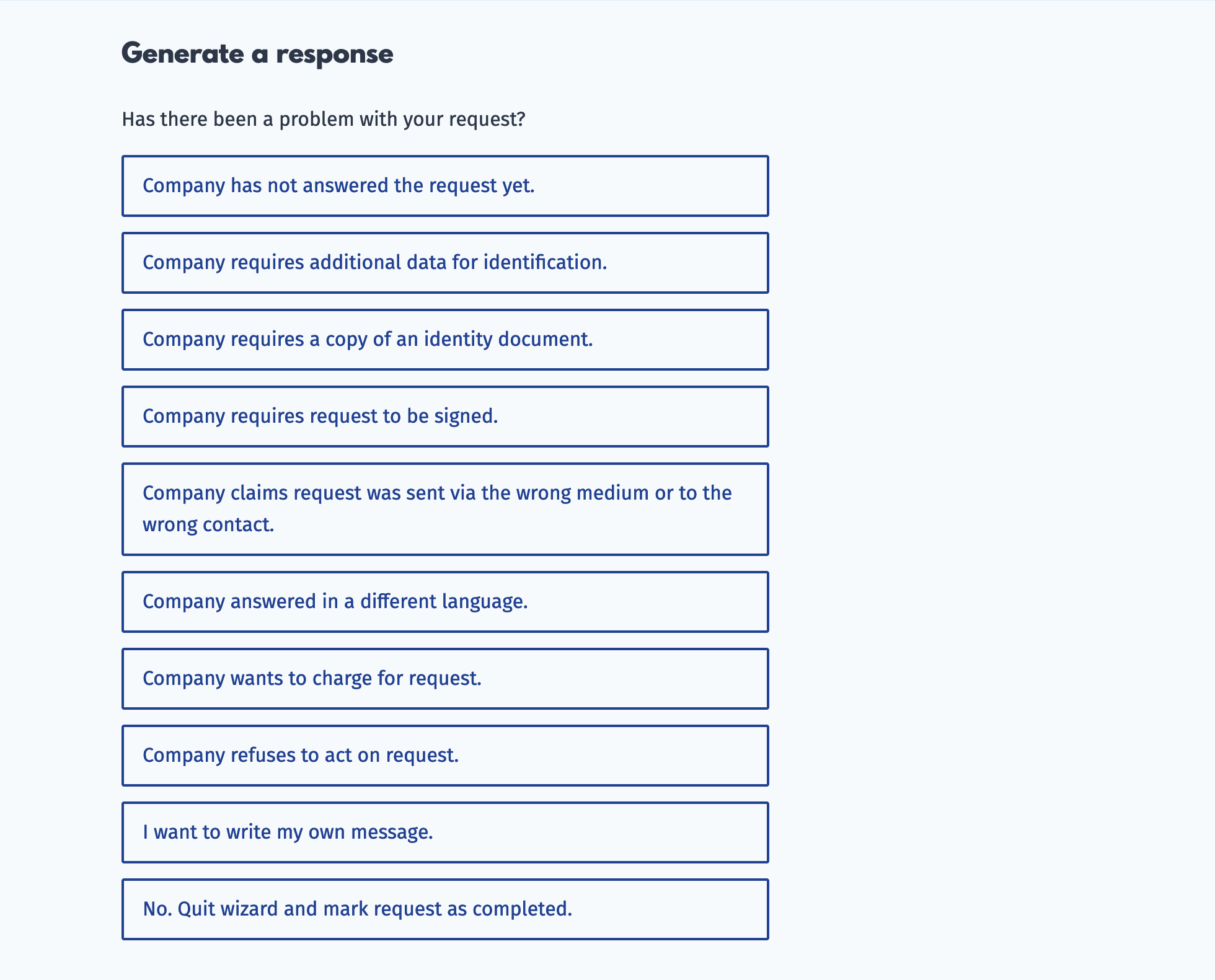 Screenshot of the admonition generator. On top, it shows the question “Has there been a problem with your request?” and below that are several buttons featuring different kinds of problems. One example of a button text: “Company has not answered yet.”