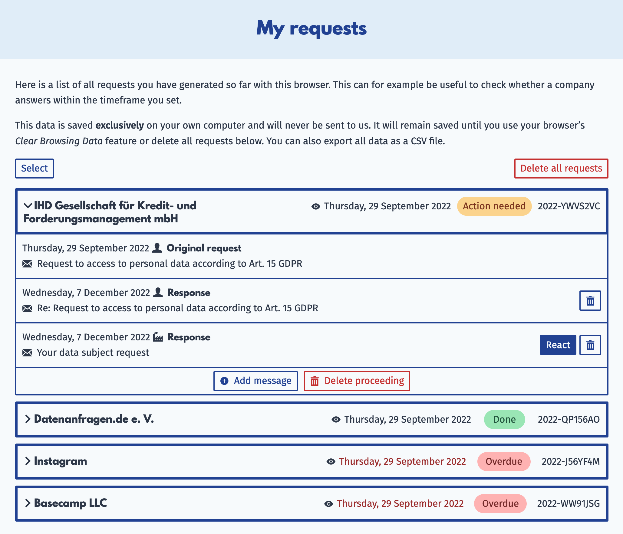 Screenshot of the “My requests” page. Under the explanation text, there are several requests with different states, such as “Action needed”, “Overdue” and “Done”. One request is expanded showing two messages, one from the user and one from the requested company.